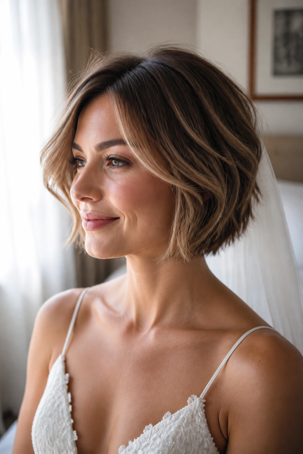 Bride with airy layered bob hairstyle