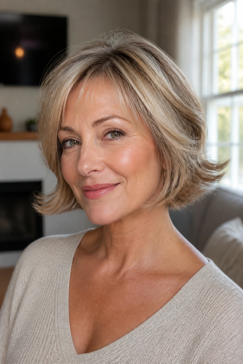 Portrait of a woman with an airy layered bob and outward flipped ends in natural light