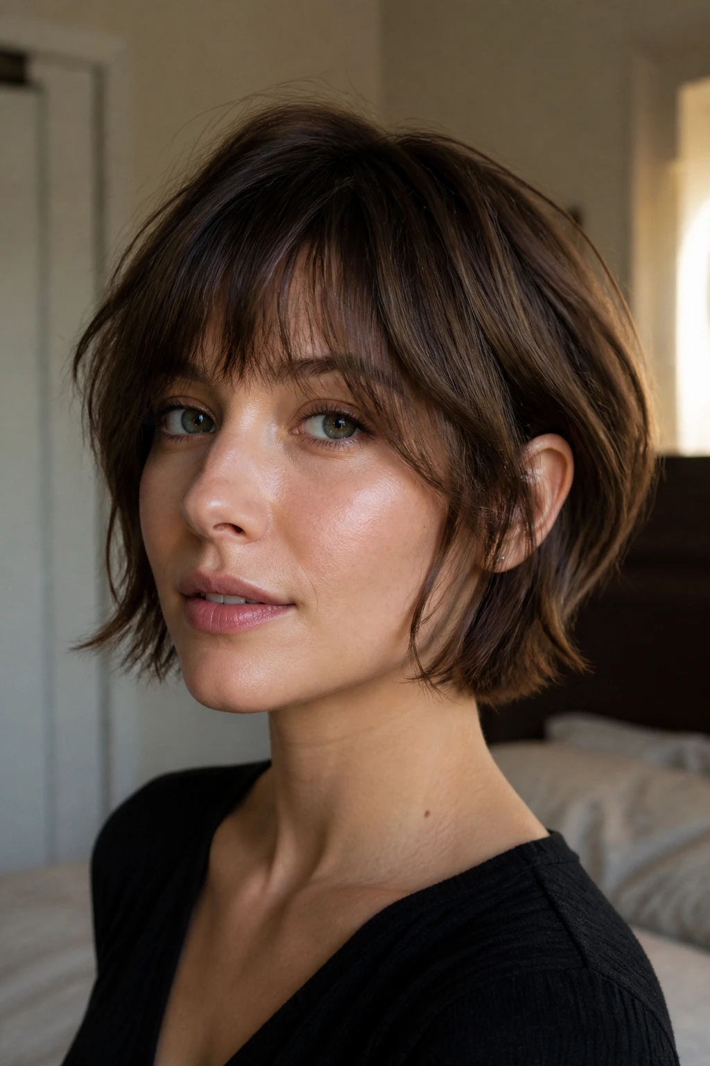 Close-up portrait of a real woman with airy layered bob shag in warm bedroom light