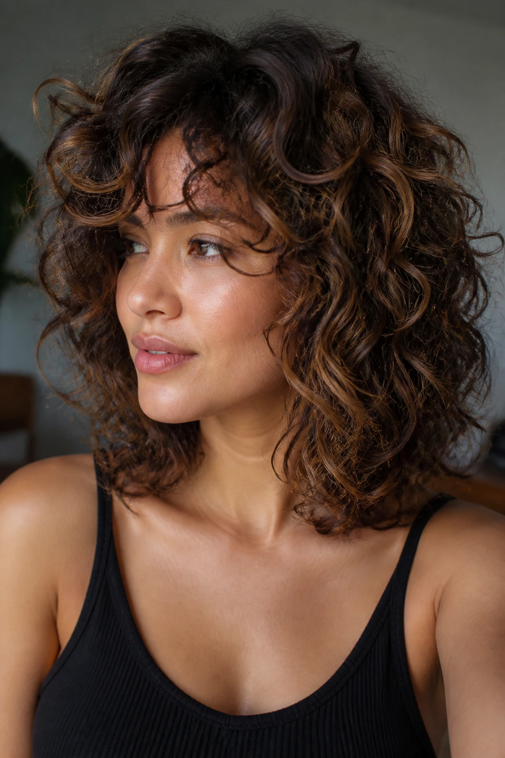 Close-up portrait of airy layered curly lob on a real person