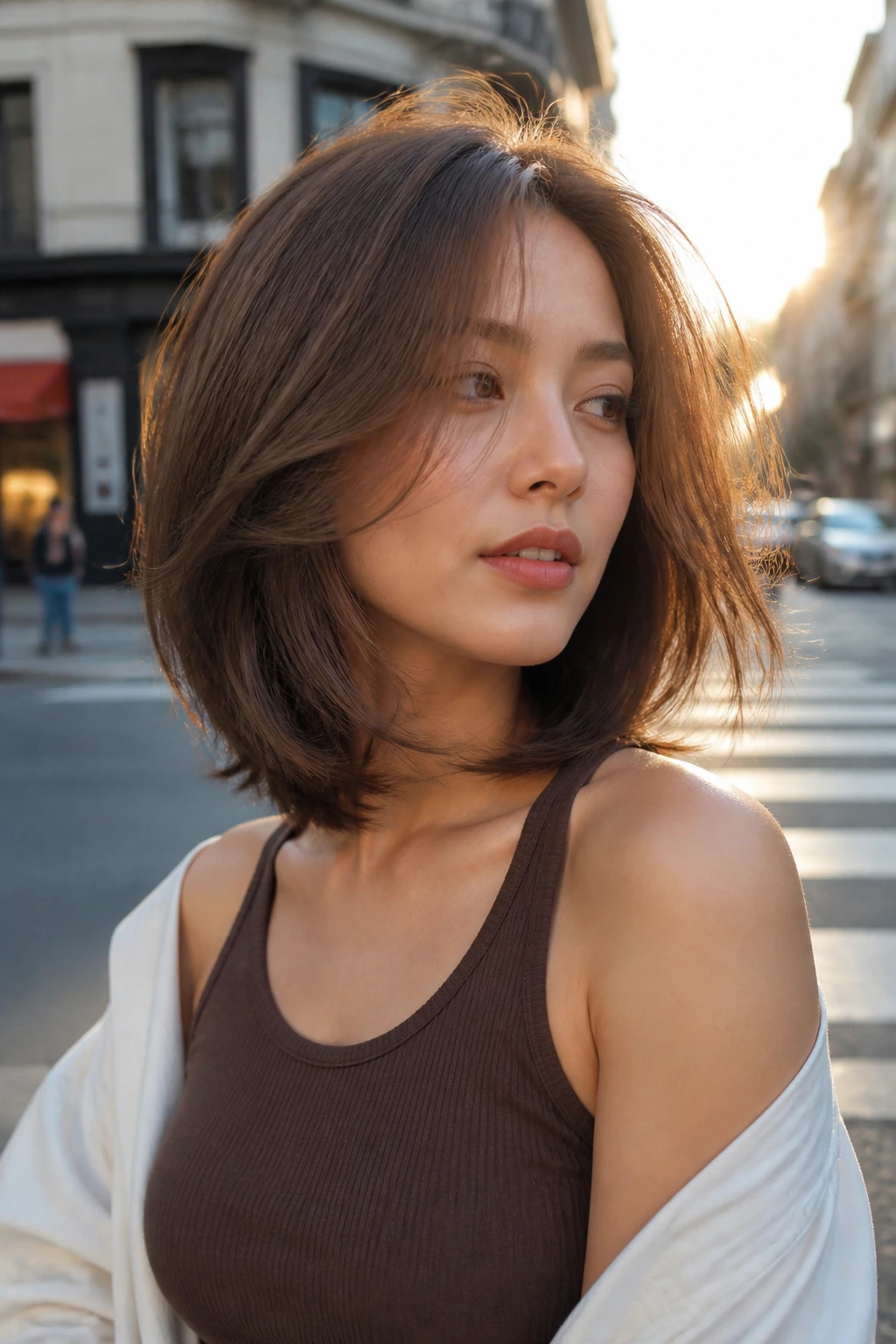 Medium close-up of airy layered lob with subtle movement.