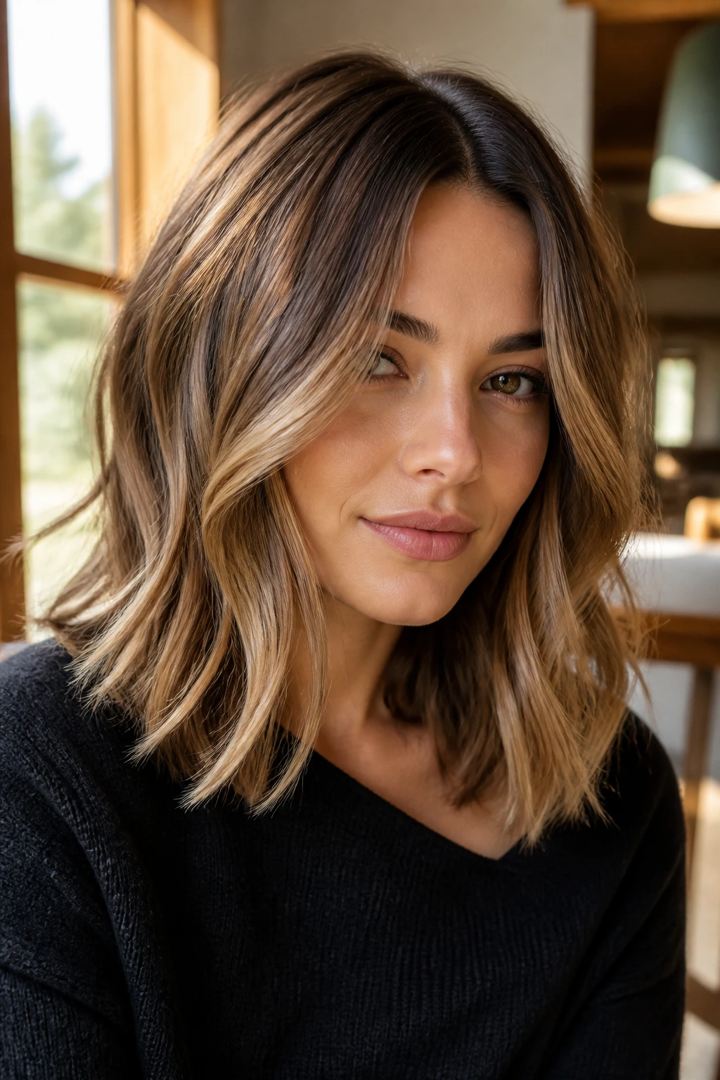 Real woman with airy layered lob and loose bend, center part