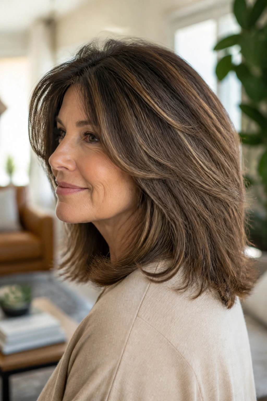 Portrait of a real woman with an airy layered lob in thick hair, showcasing internal layers and light texture.