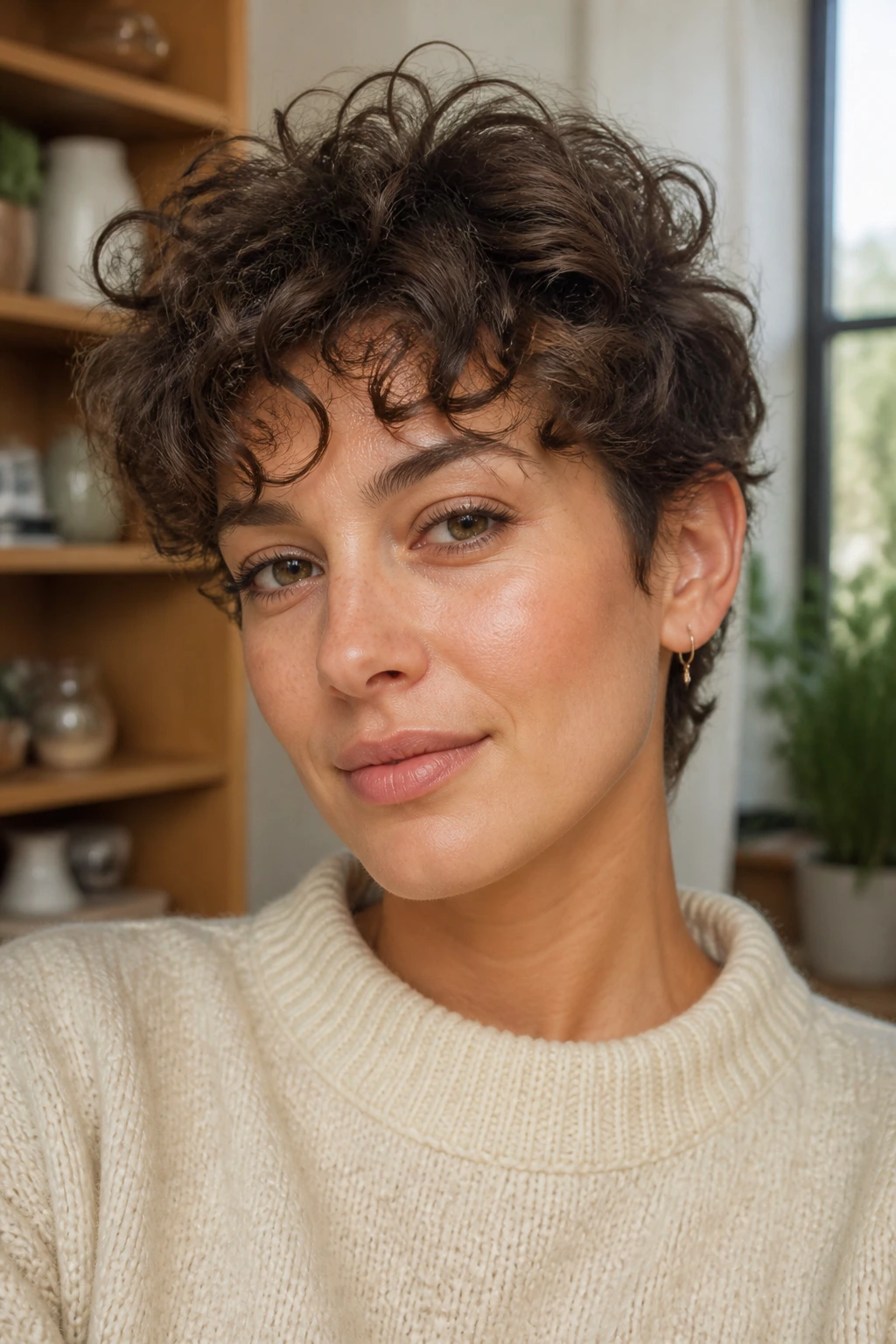 Close-up portrait of a real woman with an airy layered curly pixie.