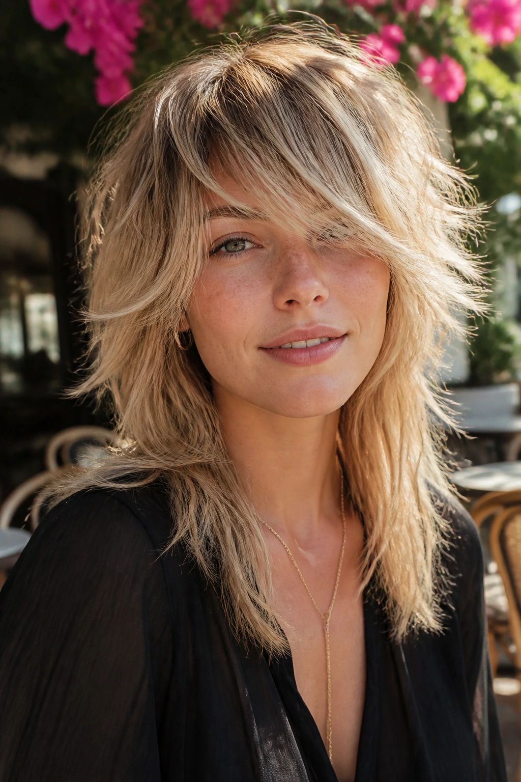 Close-up portrait of a real person with airy layered shag and long fringe