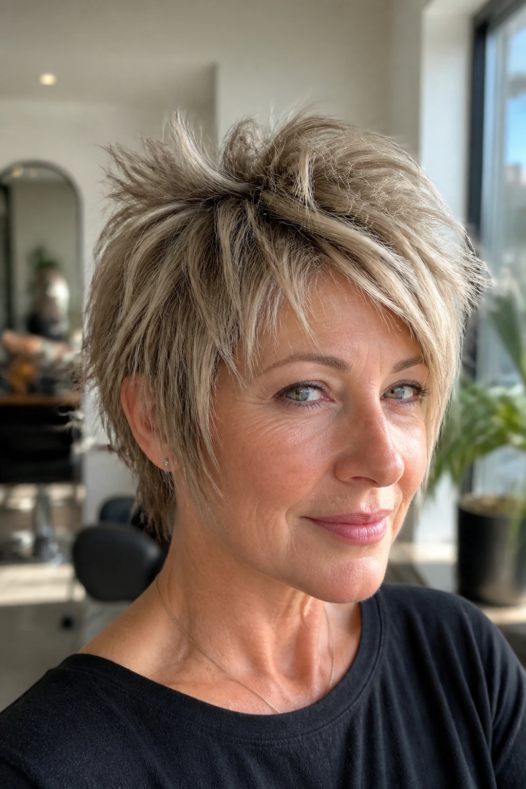 Close-up of a real woman with an airy layered spike bob, lifted top and separated ends
