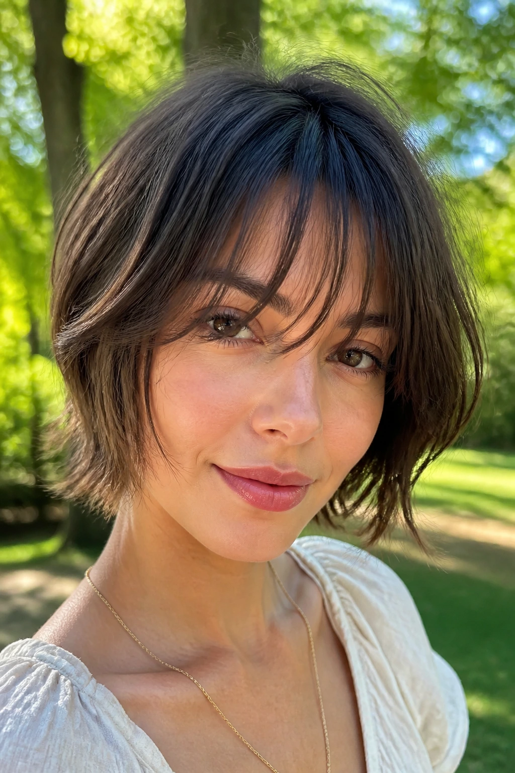 Close-up of a woman with airy layered cut and wispy bangs in a sunny park