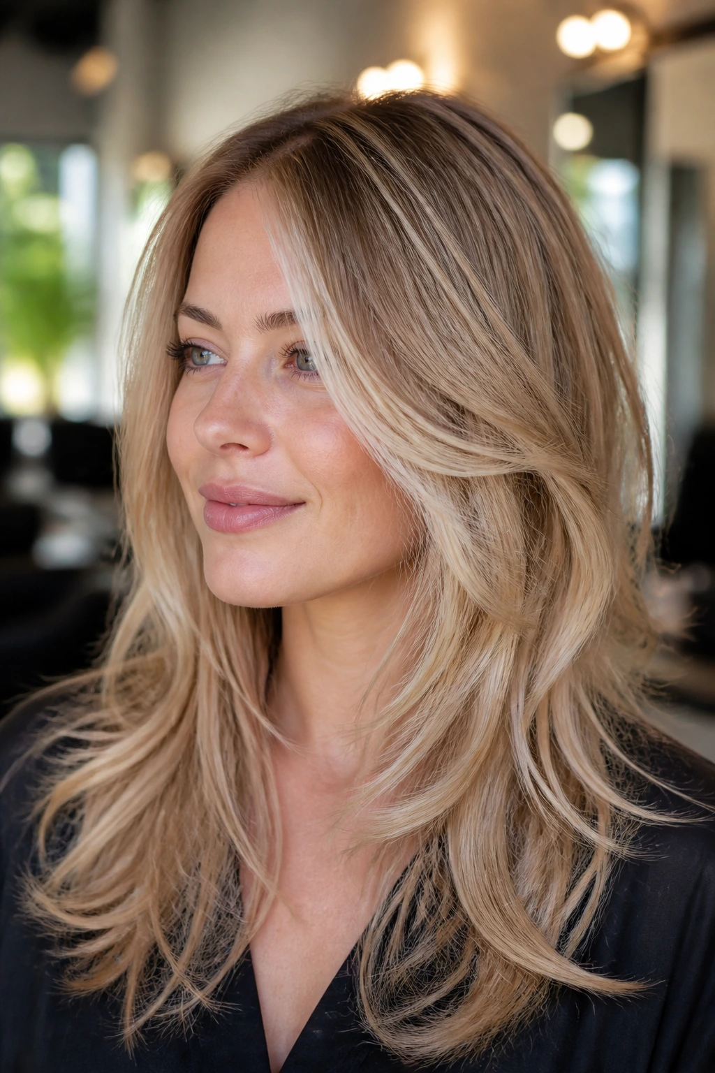 Close-up of a woman with airy layered champagne-gloss hair in natural light