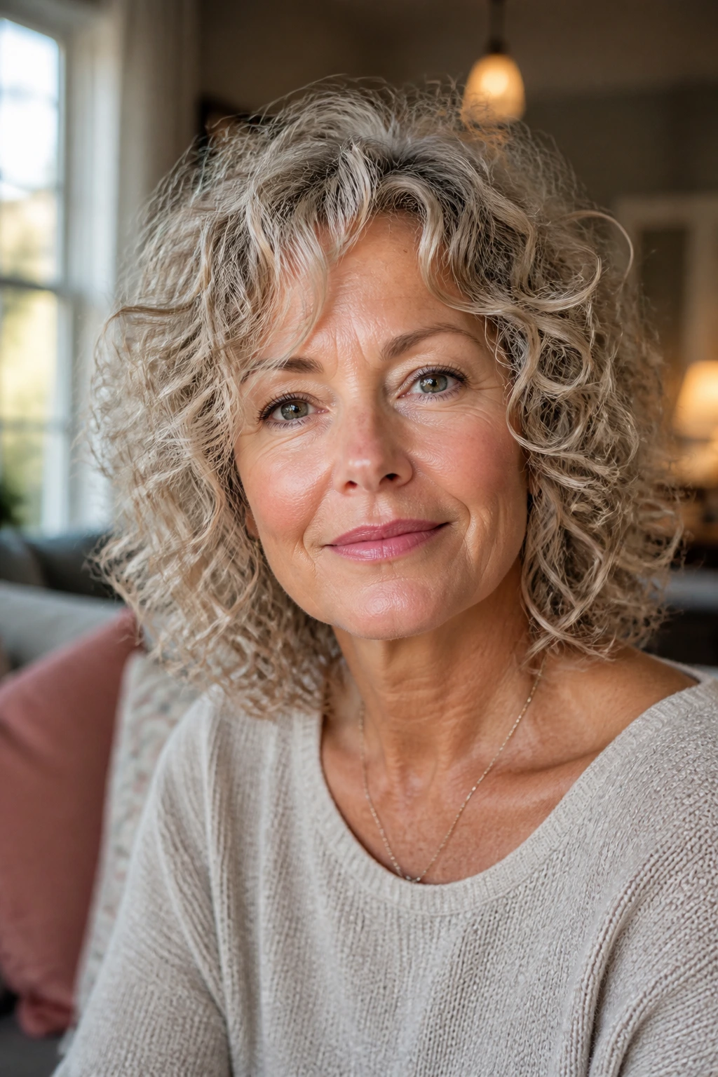 Close-up of a real person with airy layers in fine curls
