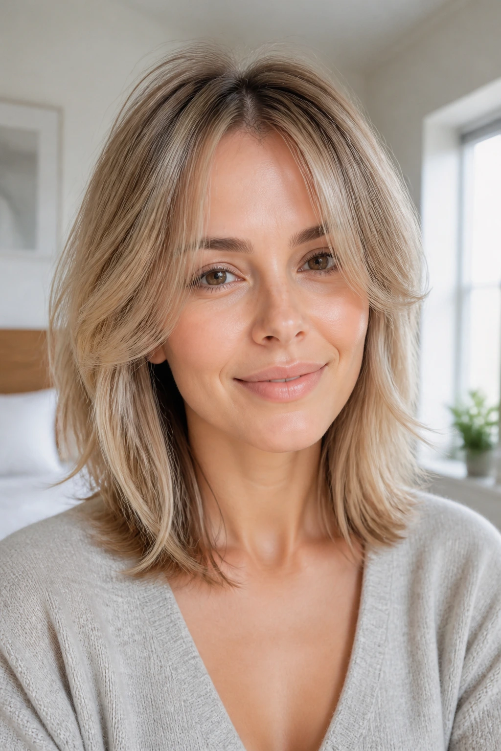 Close-up portrait of a real woman with airy layers for fine hair and crown lift.
