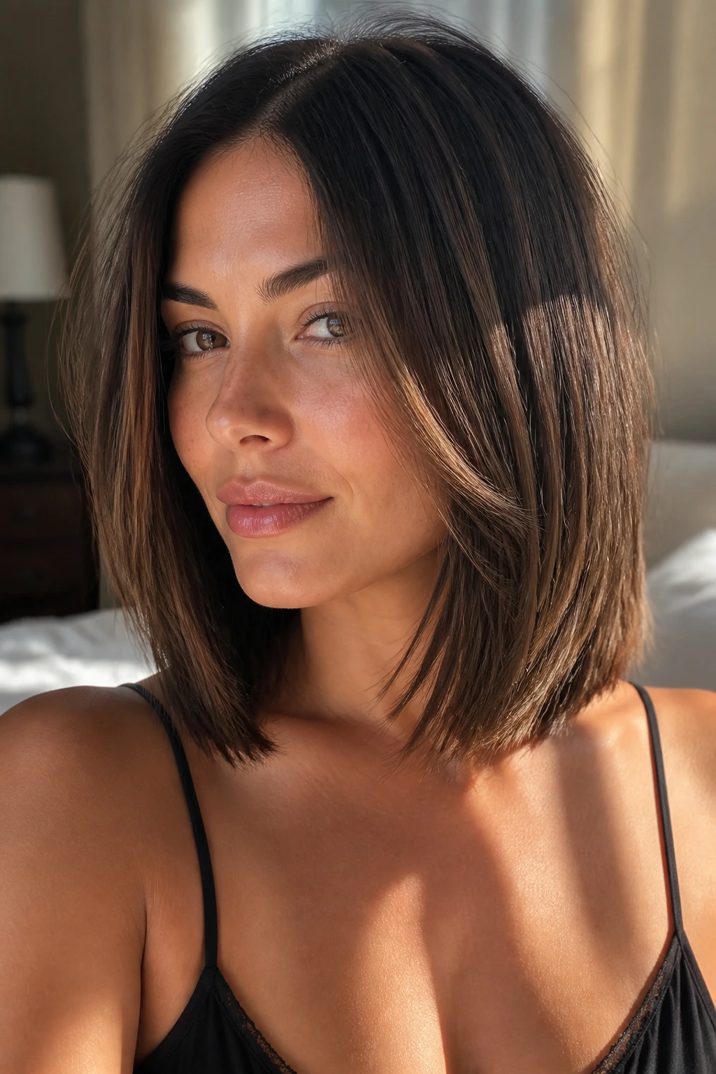 Close-up of real woman with airy layered lob hairstyle in sunlit bedroom