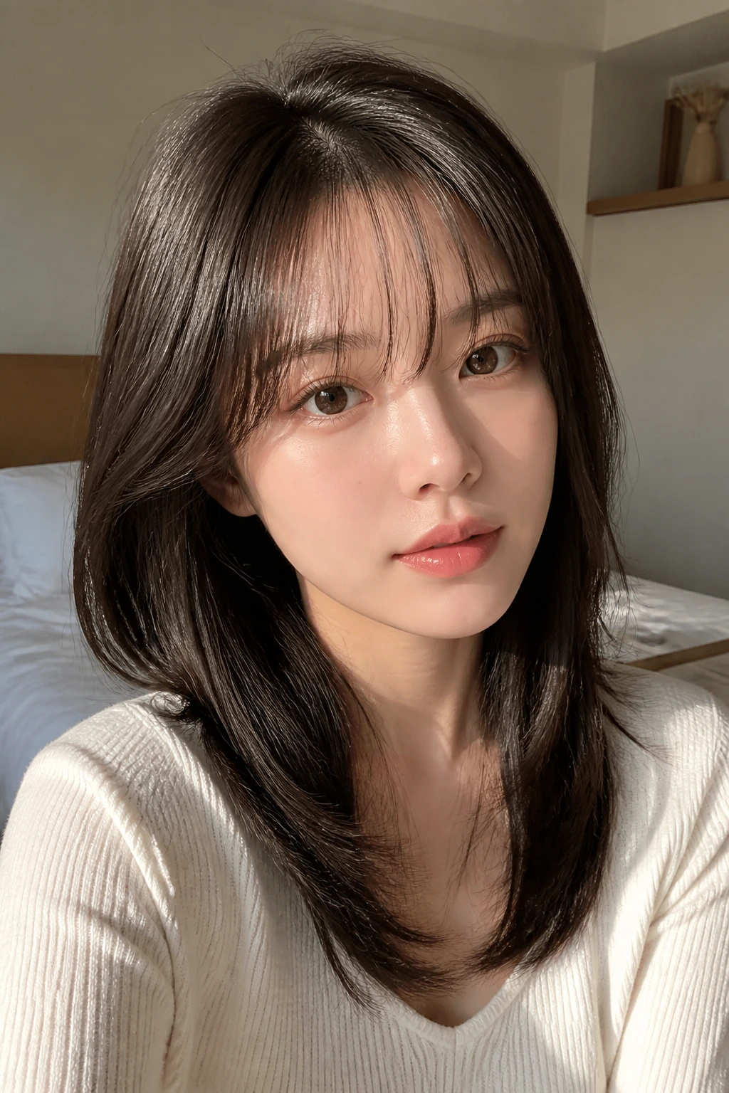 Close-up of a real woman with airy layers and see-through bangs