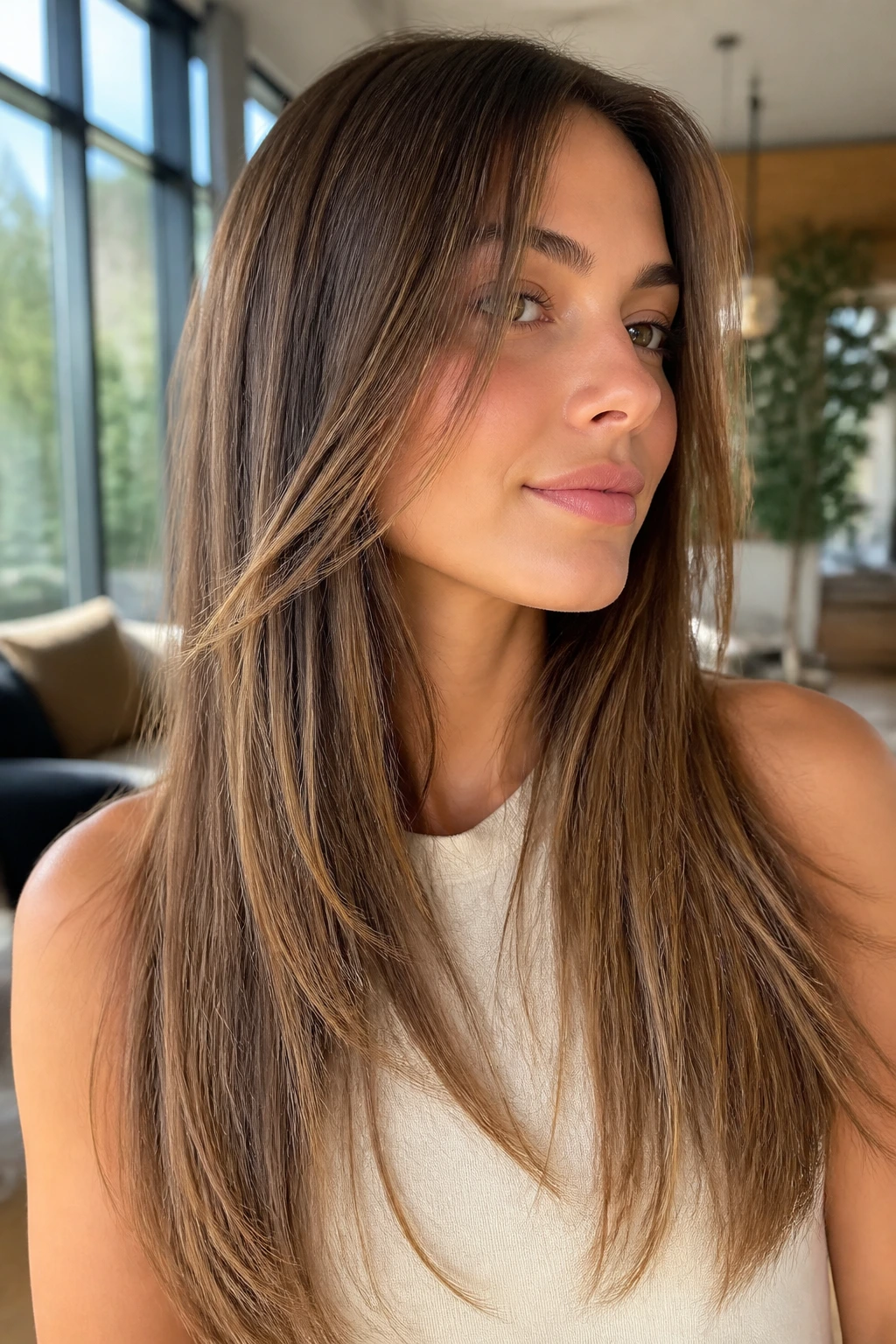 Close-up of a real woman with long straight hair and airy layers in a bright living room.