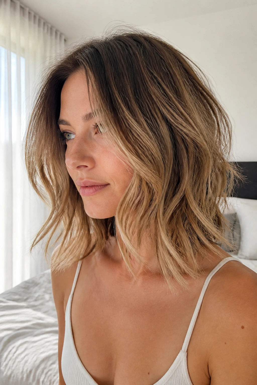 Portrait of woman with airy lob layers and natural, undone texture