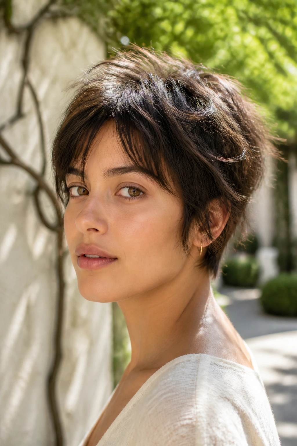 Close-up of a real woman with an airy micro-shag bob above the jaw in sunny outdoor light