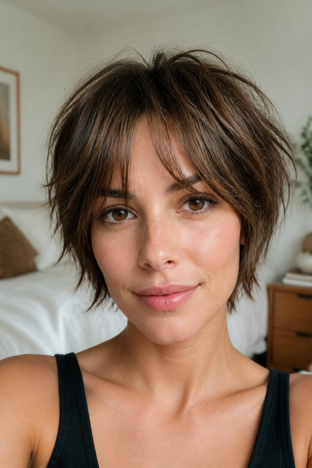 Close-up of airy micro shag with face-framing bangs