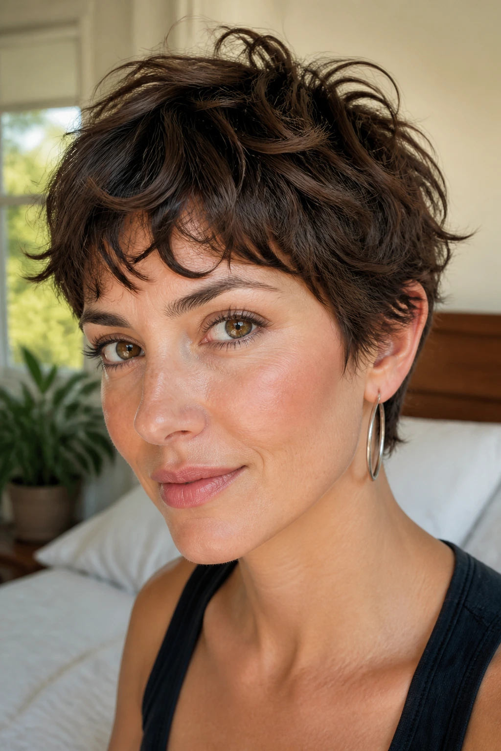 Close-up portrait of a woman with an airy micro shag pixie and natural window-light.