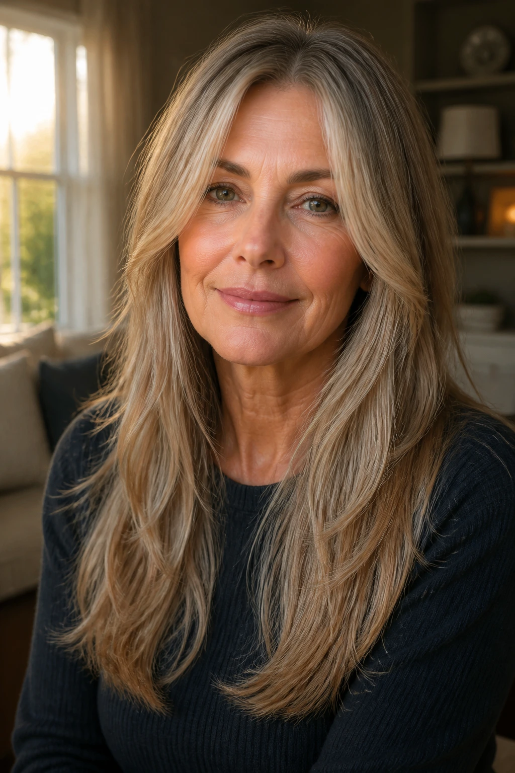 Portrait of a woman with airy mid-back length hair and a soft face frame.