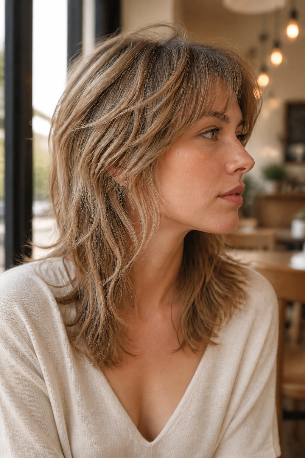 Portrait of a woman with airy mid-length mullet and long layers in cafe light