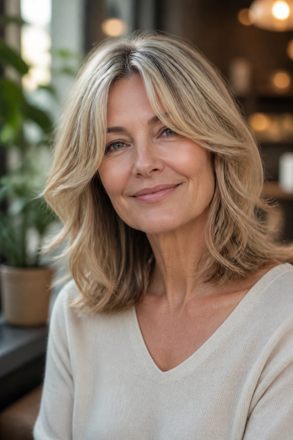 Portrait of a woman with airy midi cut and face-framing pieces