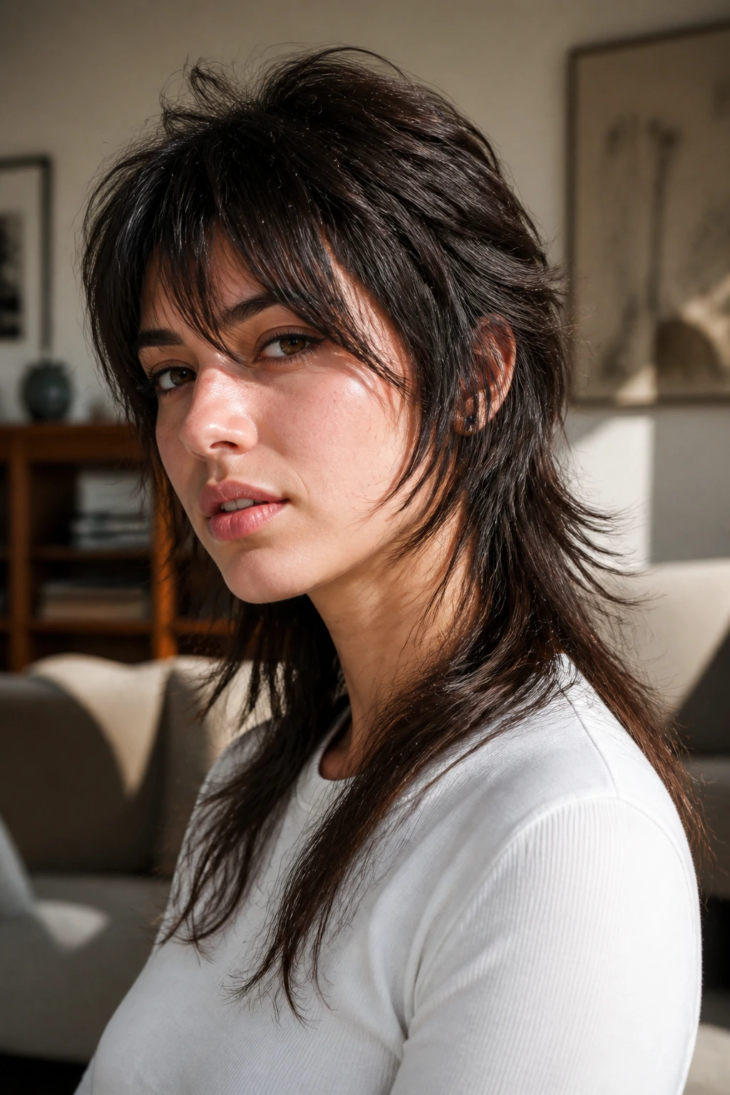 Close-up portrait of a real person with airy mid-length mullet under warm window light