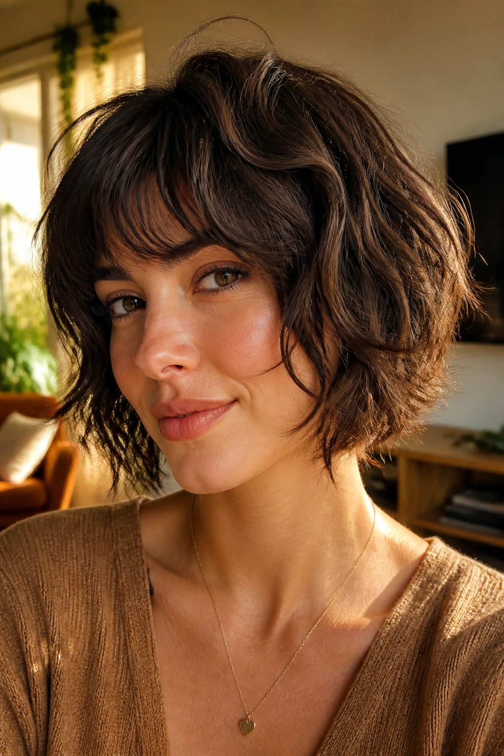 Brunette with airy mushroom-bob shag and thick waves in warm light.