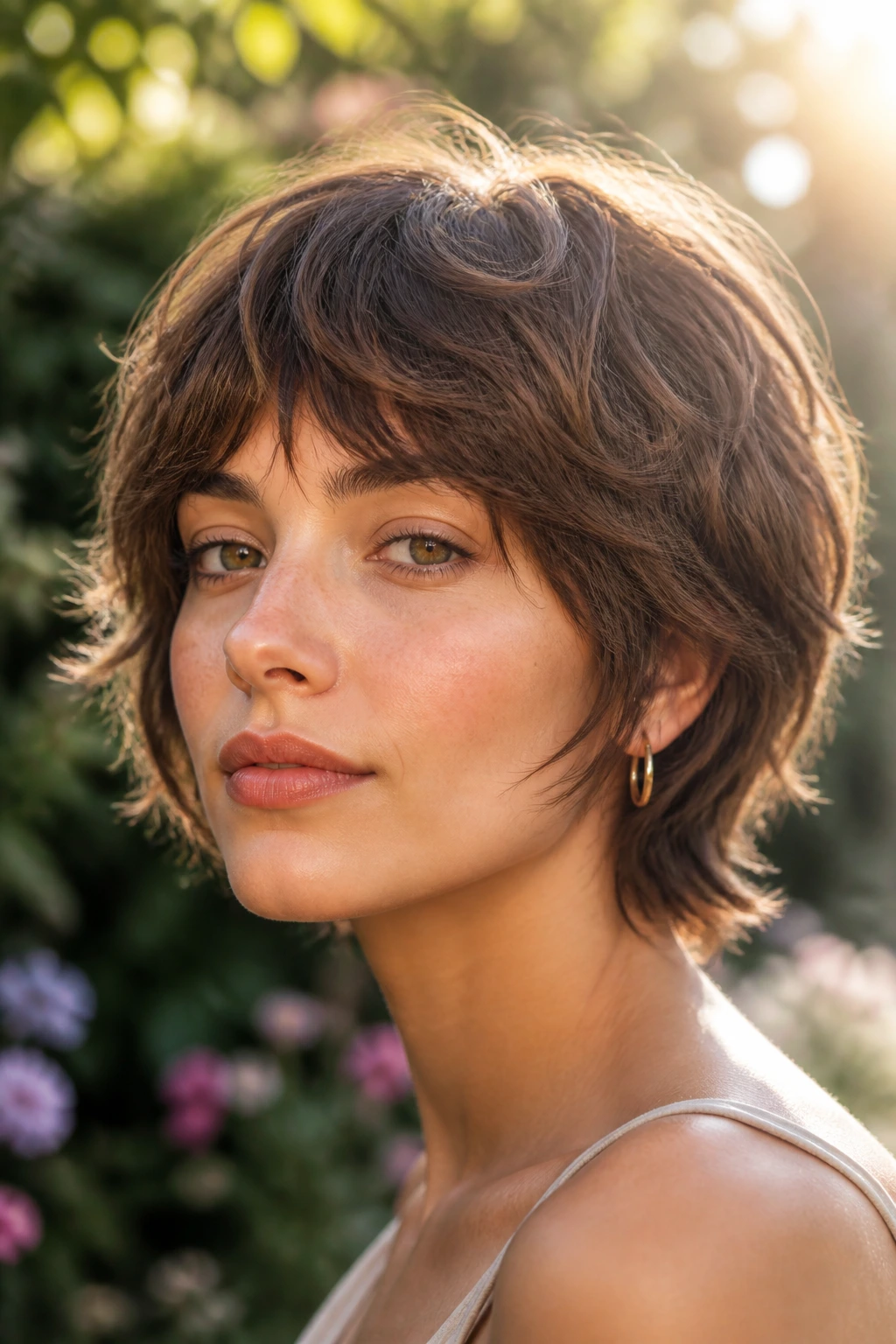 Portrait of a woman with airy mushroom shag under morning sun in garden