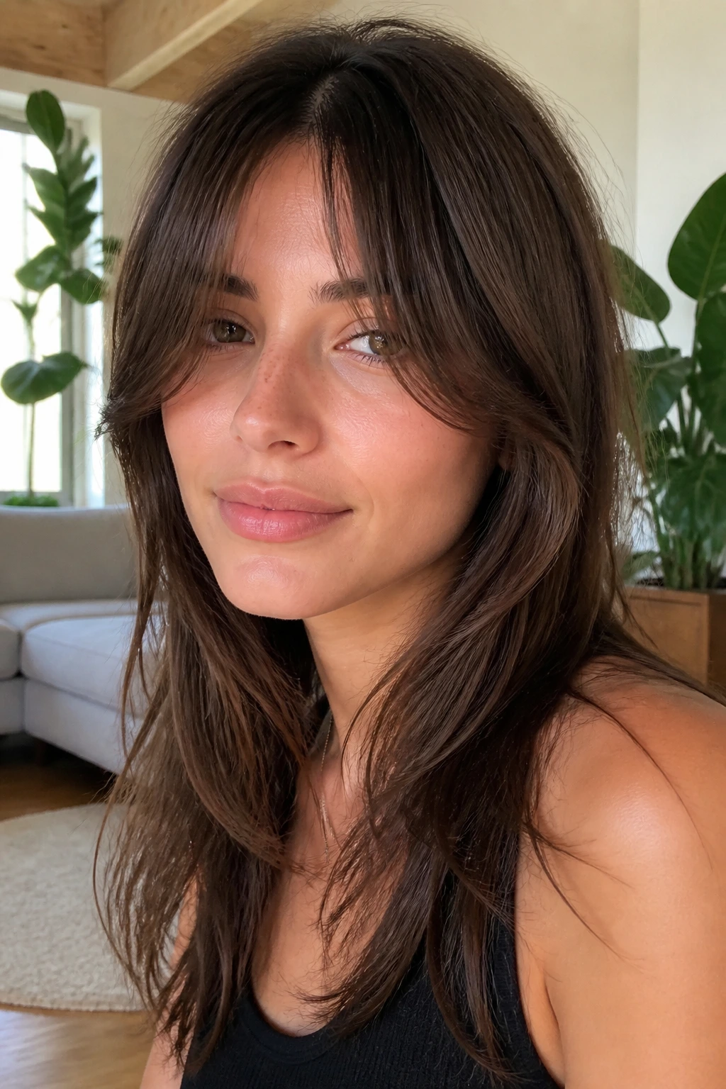 Close-up portrait of a real woman with airy overgrown curtain bangs by a sunlit window with plants