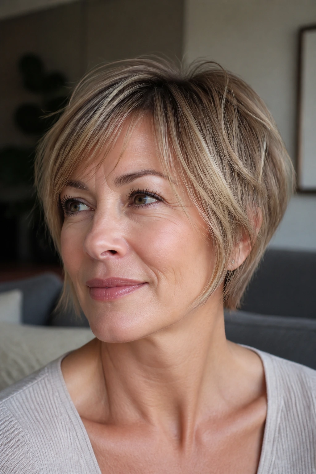 Portrait of a woman with airy pixie bob under soft natural light.