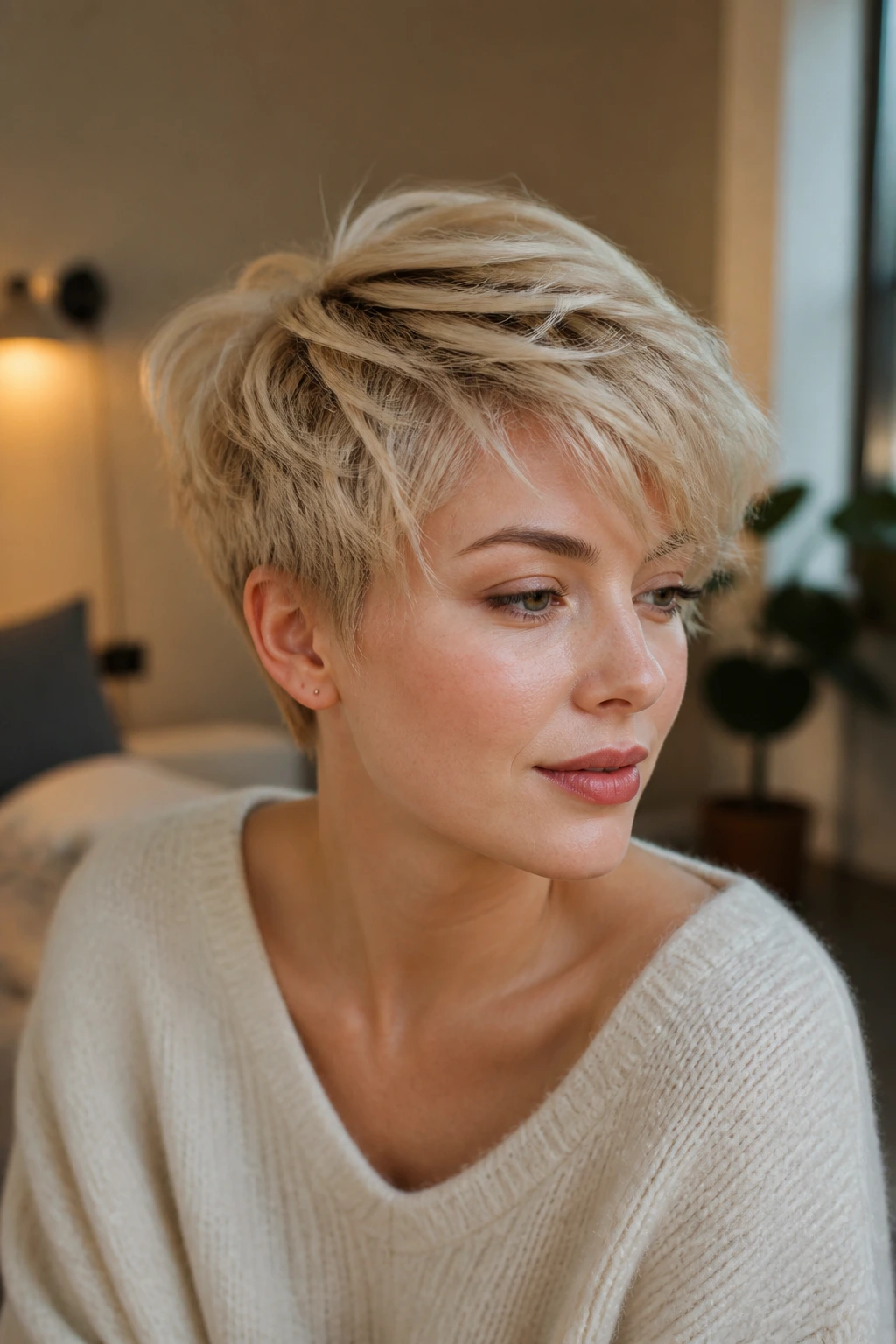 Close-up of a real person with an airy layered pixie in a cozy home setting