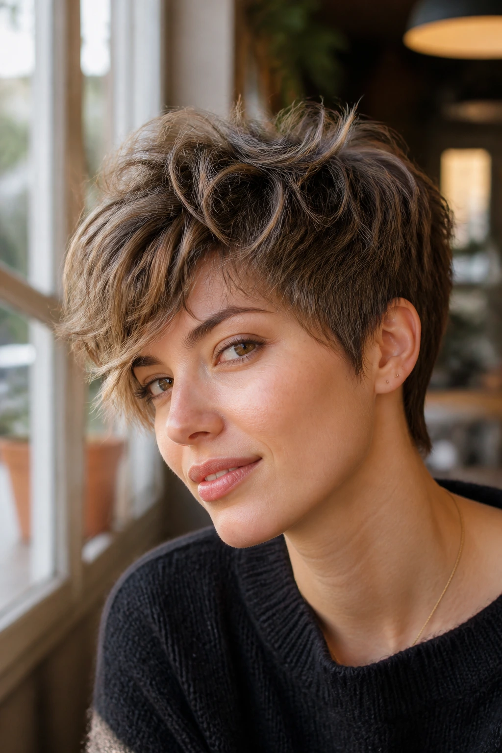 Close-up portrait of a real woman with airy pixie shag, textured top and short sides in warm cafe light.
