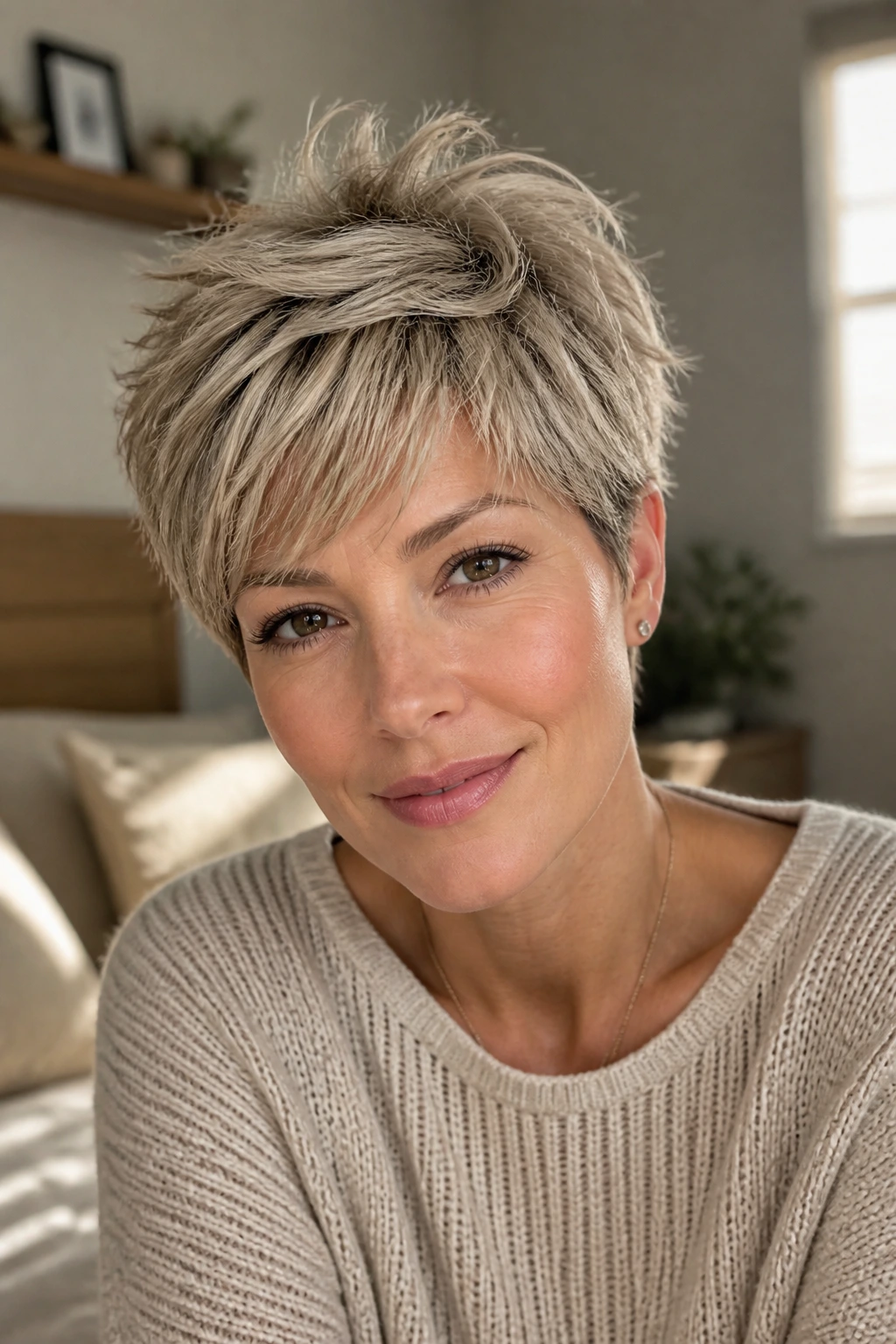 Close-up of a real woman with an airy pixie texture and light movement at the crown