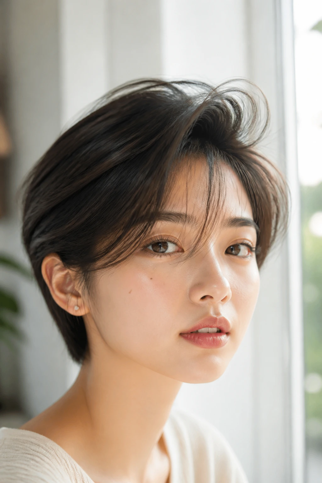 Close-up portrait of a real Asian woman with an airy Korean-inspired quiff