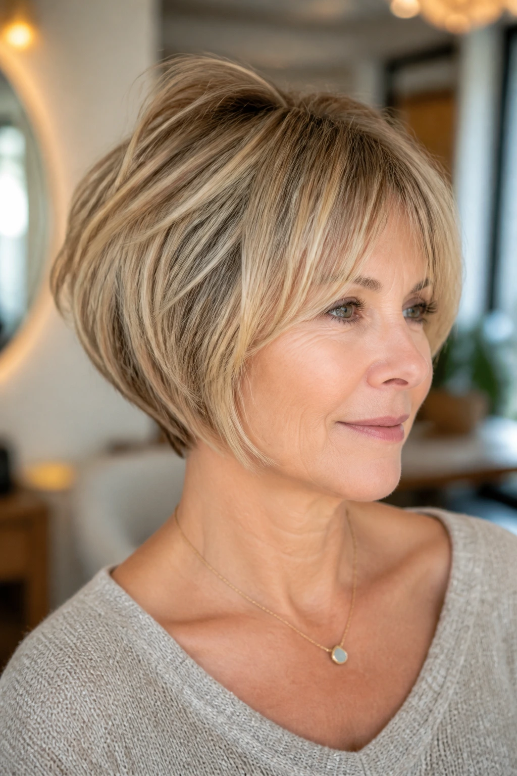 Close-up portrait of a real woman with an airy Razor Bob for fine hair.