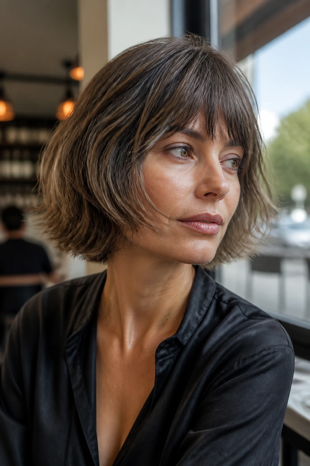 Close-up of a real woman with an airy razor bob hairstyle in cafe daylight.