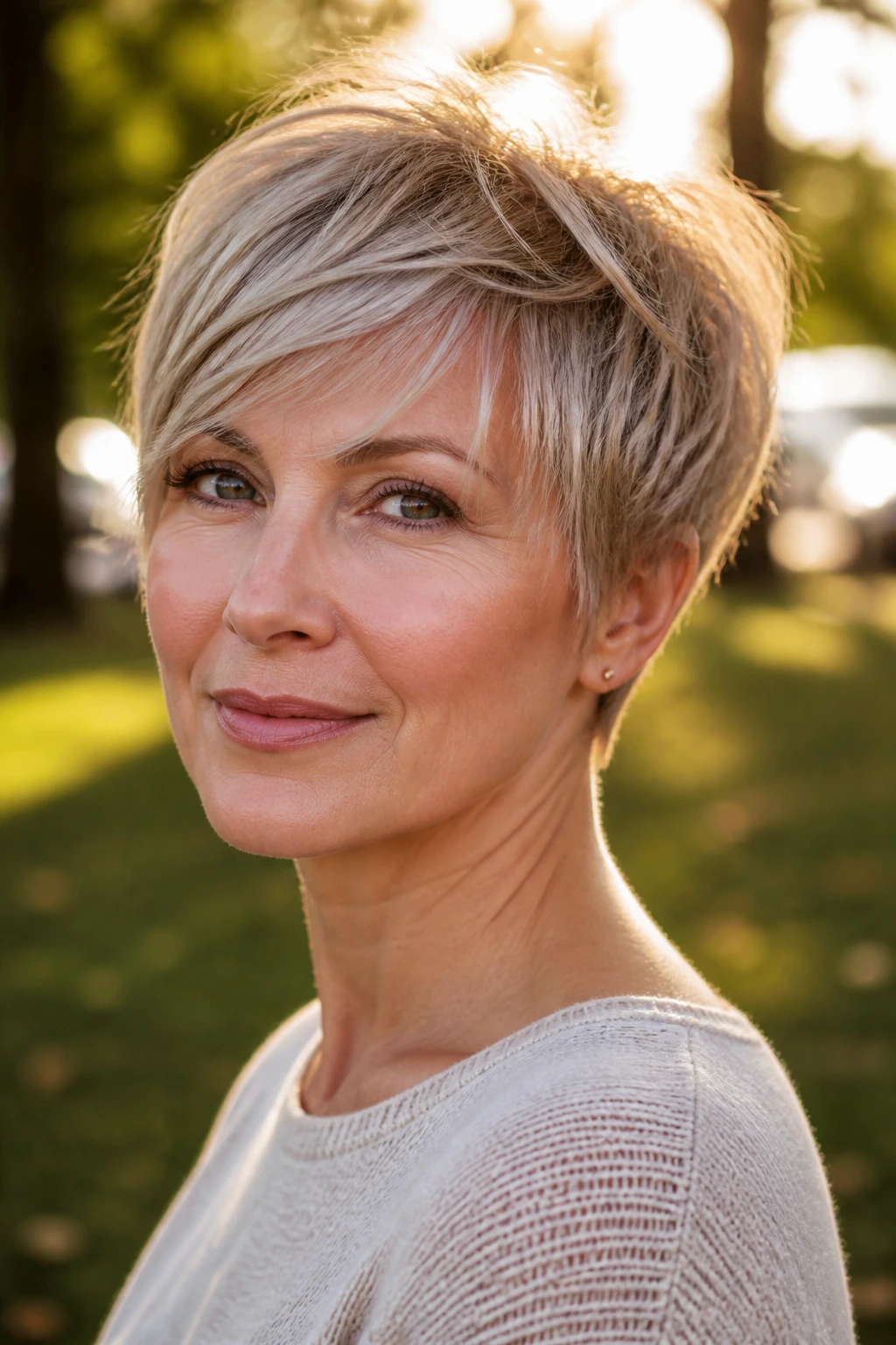 Real woman with airy razor-cut pixie in golden hour outdoor lighting.