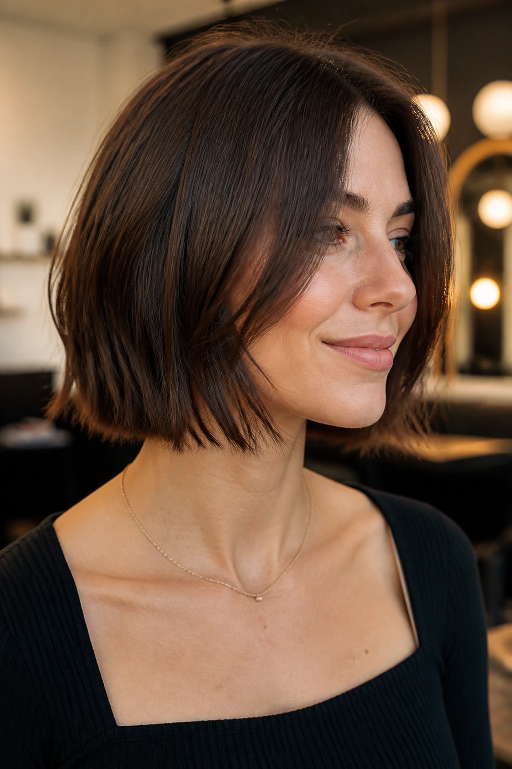 Close-up of a real person with airy razor-ended lob featuring feathered ends.