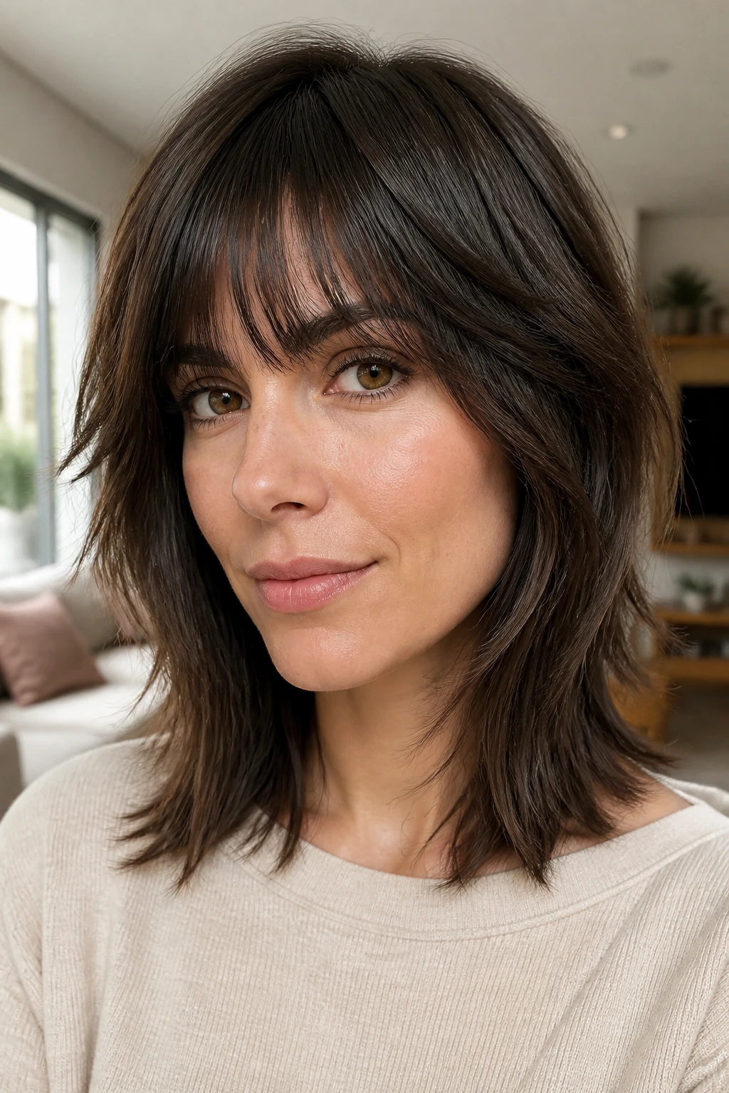 Close-up of airy razor shag with clean ends on a real person