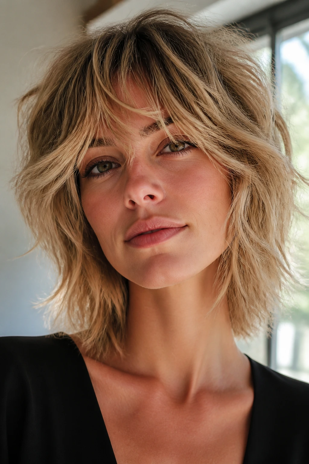 Portrait of a real woman with airy razor shag hairstyle