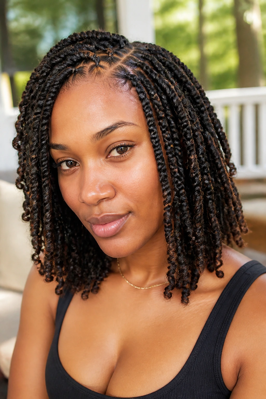 Close-up of real woman with airy scalp-friendly spring twists