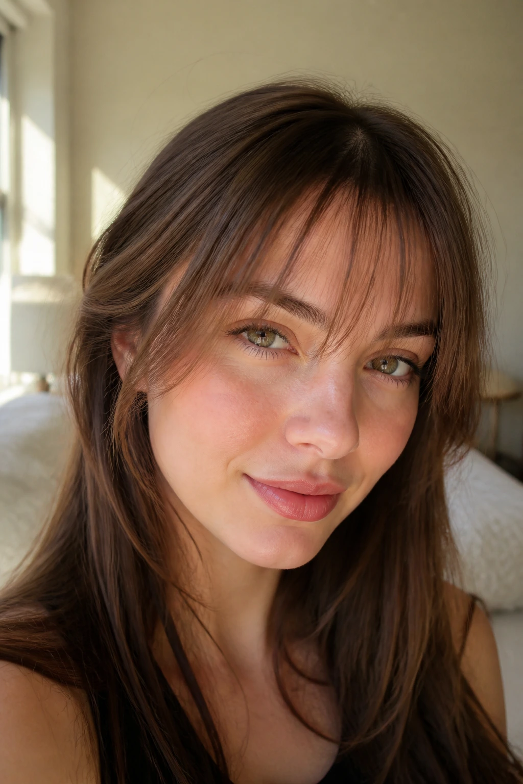 Portrait of a person wearing airy see-through bangs with forehead visible.