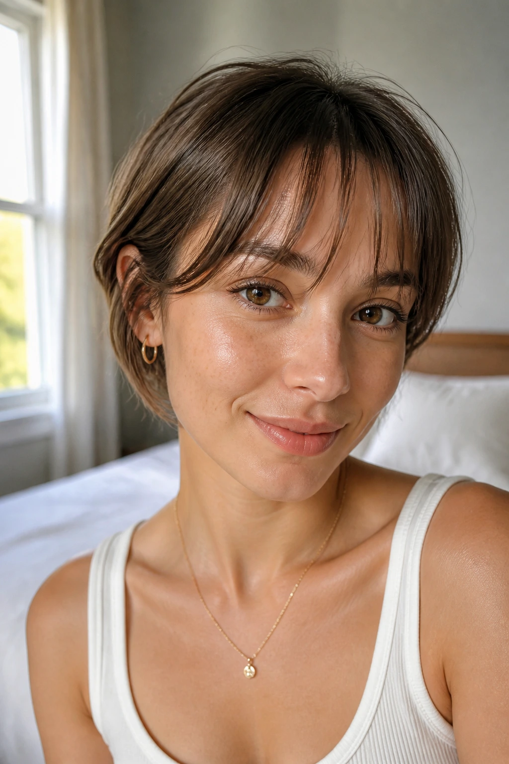 Real-woman portrait with airy see-through fringe on short hair, forehead visible through light bangs in sunlit room.