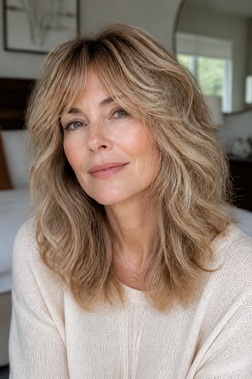 Real woman with airy shag showing controlled layers and perimeter intact
