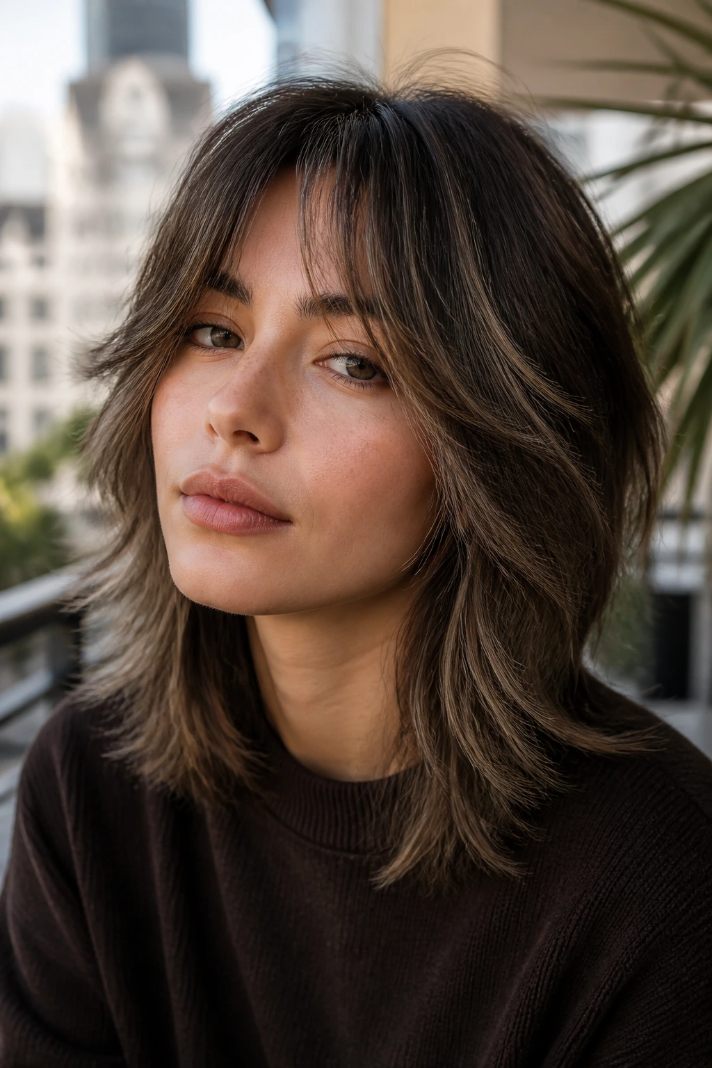Close-up of real brunette with airy shag and ash brown dimension.