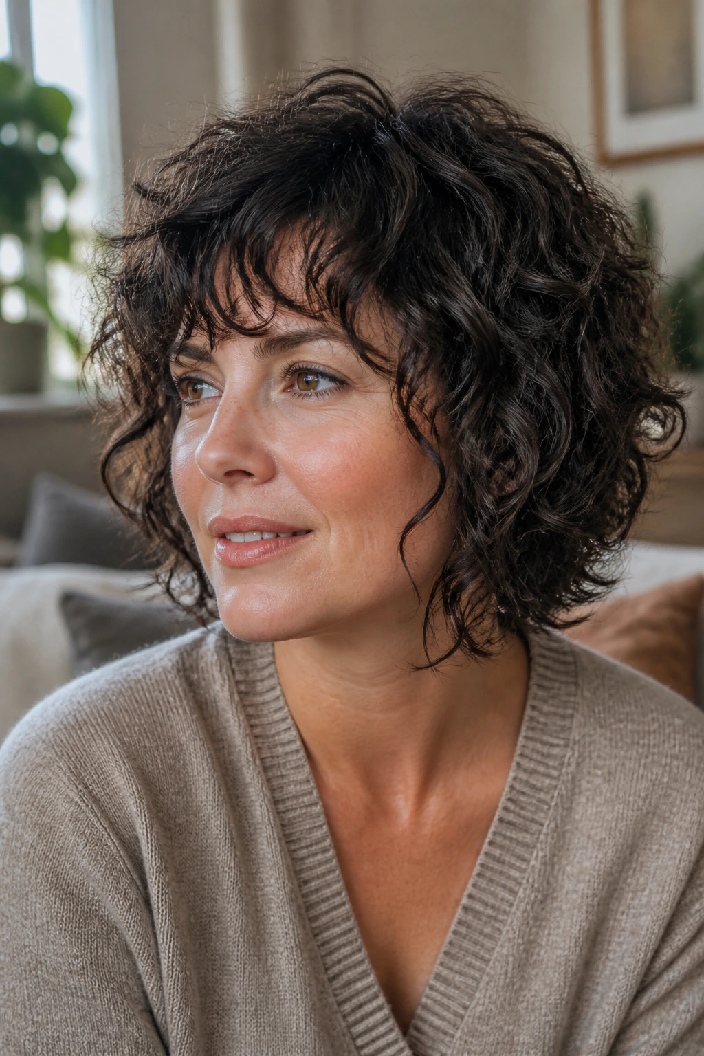 Close-up portrait of a real woman with an airy shag bob and soft edges in natural window light