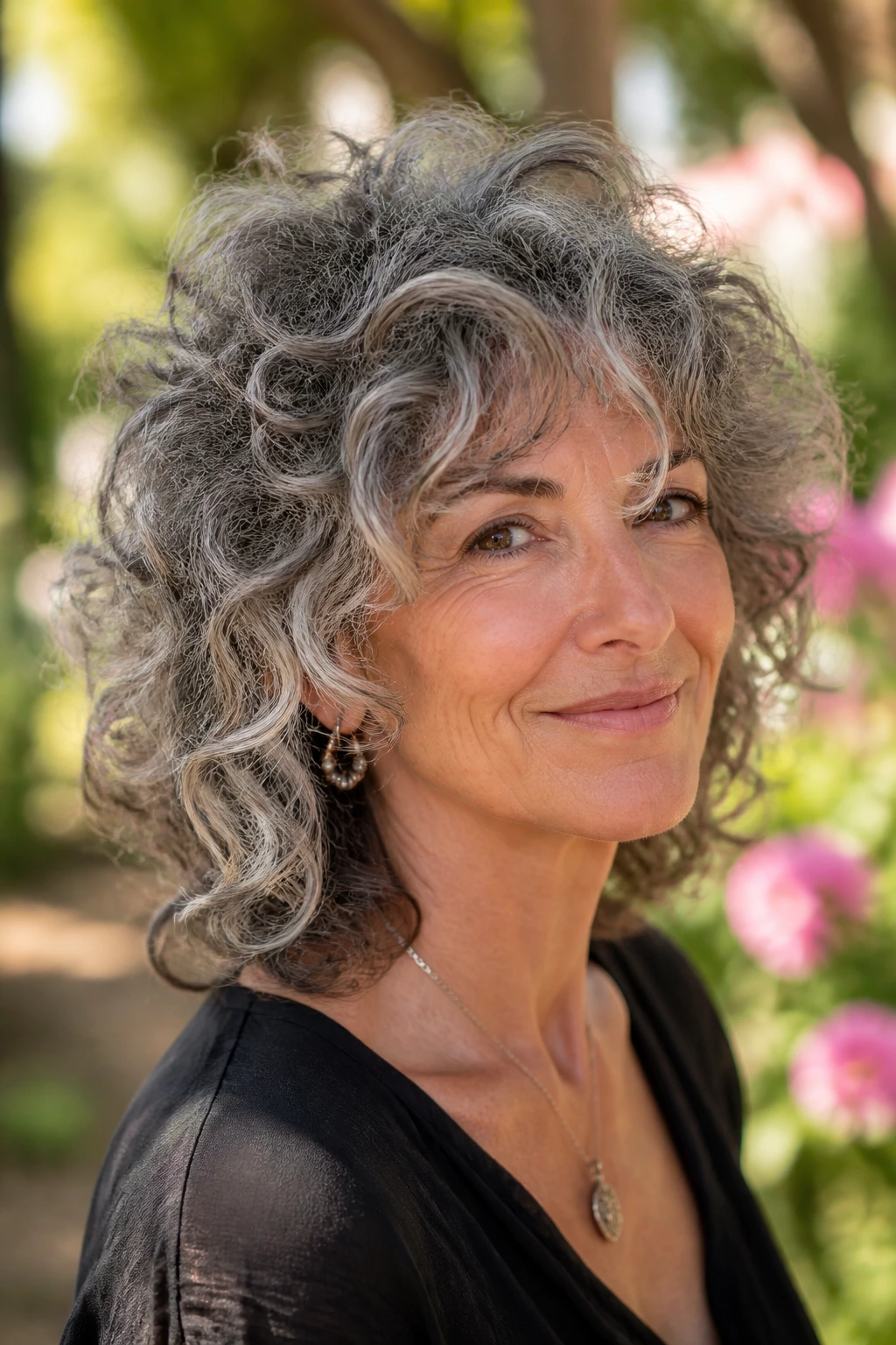 Close-up of a real woman with curly hair styled in an airy shag outdoors