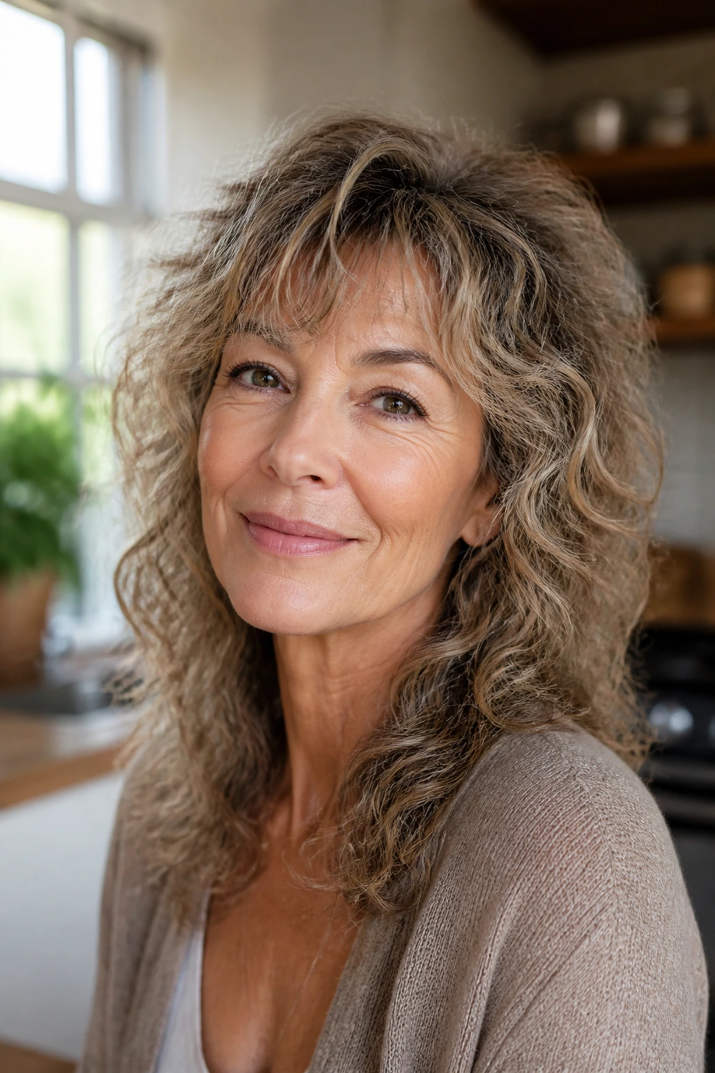 Portrait of a real woman with fine curls in an airy shag for body