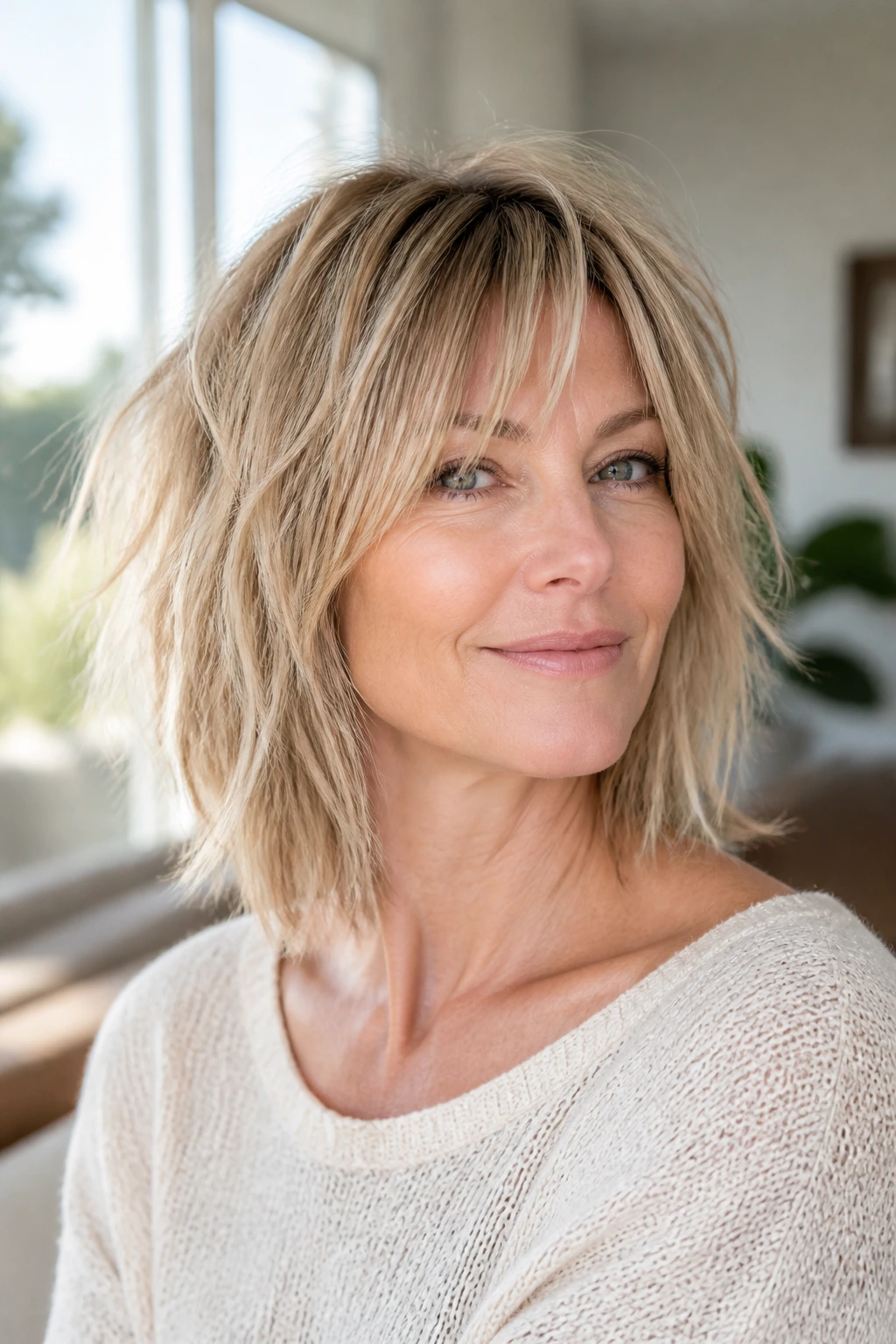 Close-up portrait of woman with airy, full-perimeter fine-hair shag.