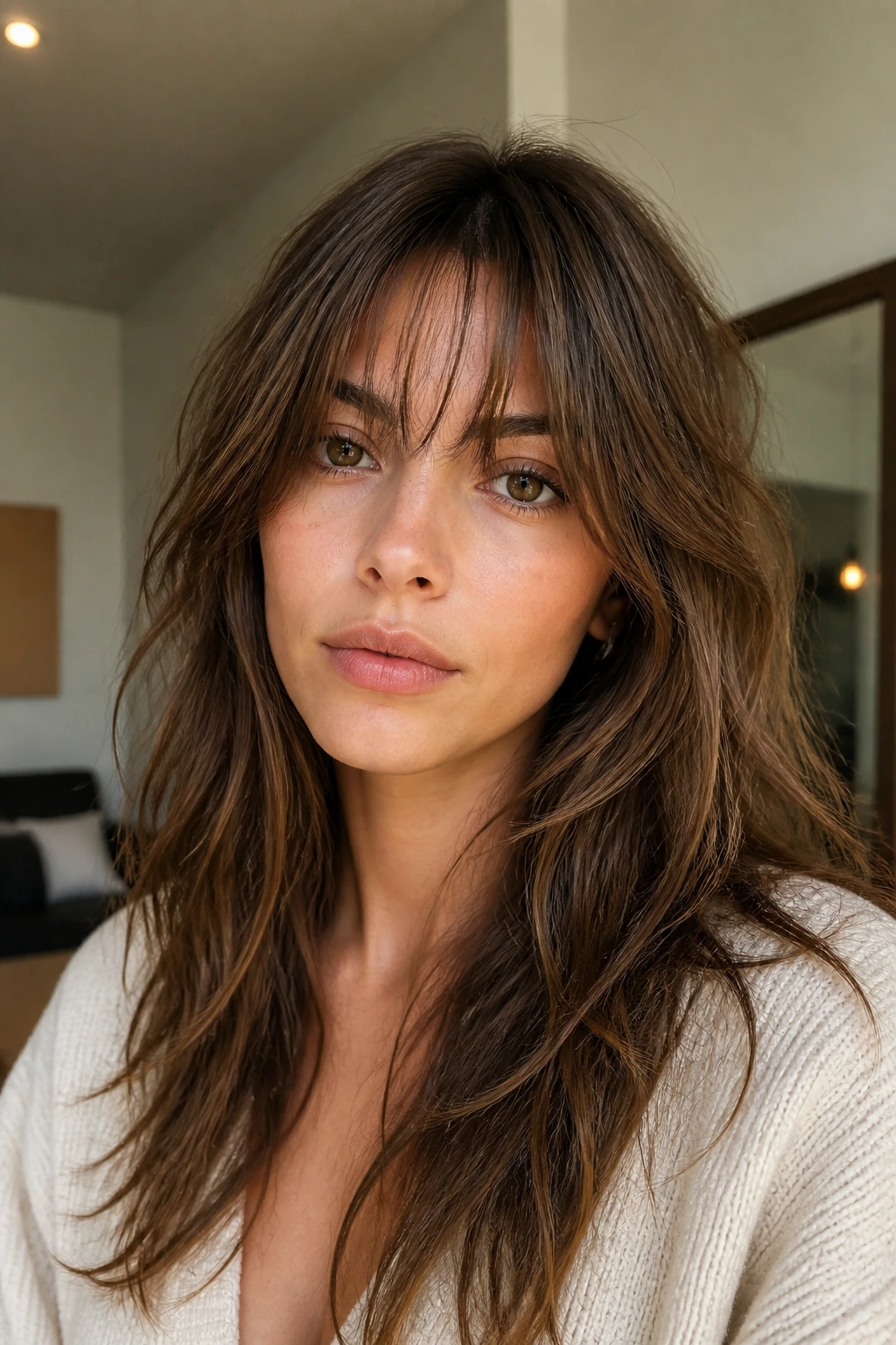 Portrait of woman with airy shag fringe