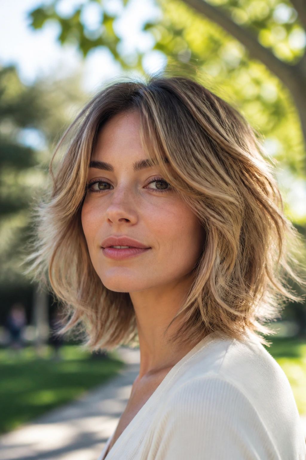 Close-up of a real woman with airy shag around the cheeks for an oval face in a sunny outdoor setting.